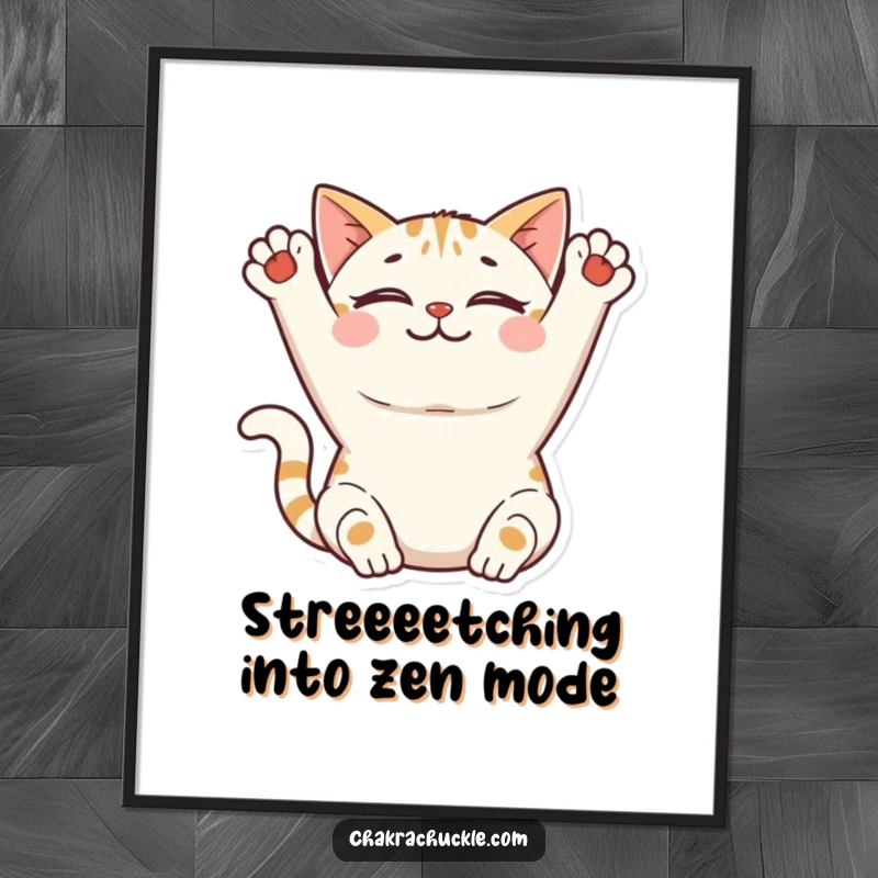 Funny Free Printable Wall Art of a smiling cat stretching peacefully, bringing calm and charm to any room.