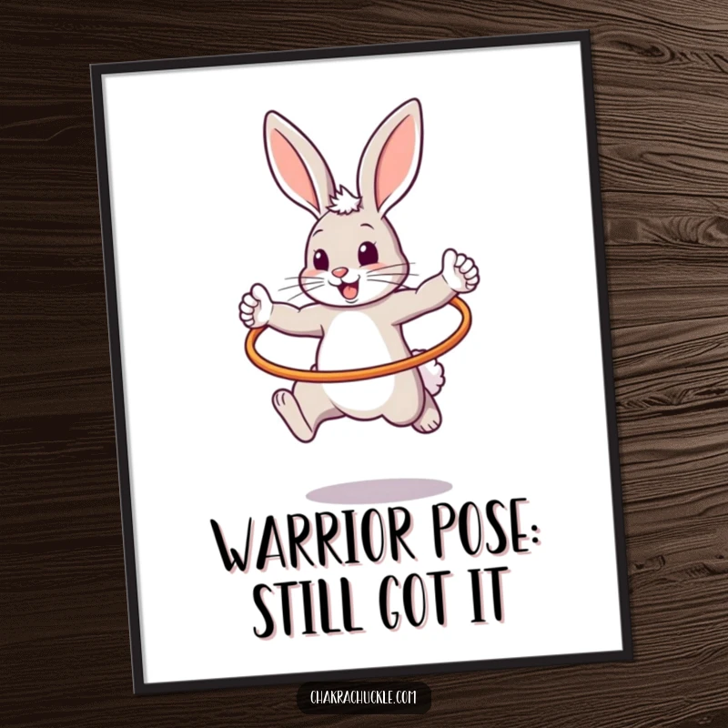 Funny Free Printable wall art of a determined bunny executing a perfect warrior pose mid-hula hoop jump.