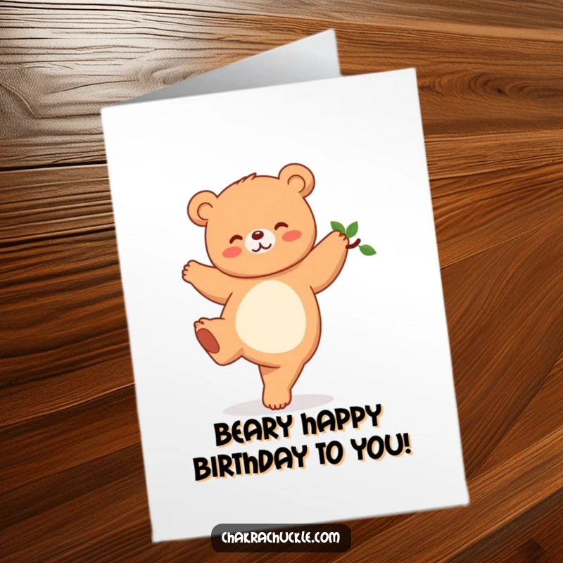 Funny Free Printable Birthday Card: Giggling kawaii bear balancing in tree pose, radiating playful energy and birthday wishes.