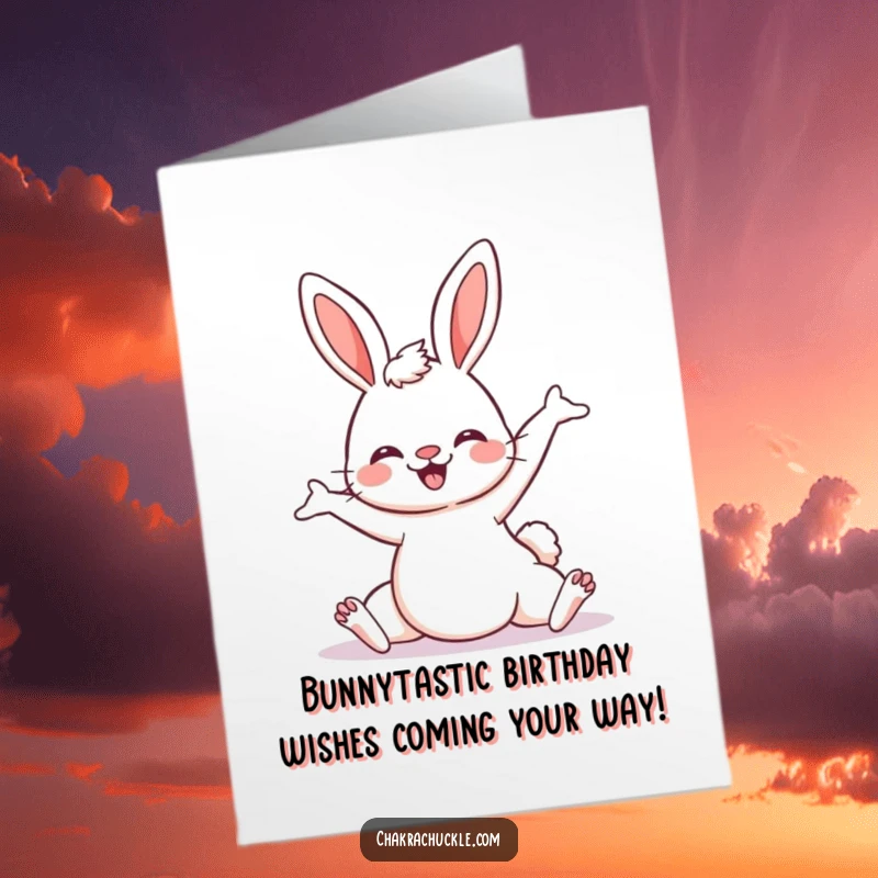 Funny Free Printable Birthday Card: Kawaii bunny doing a downward-facing dog yoga pose with a huge smile, perfect for laughs.