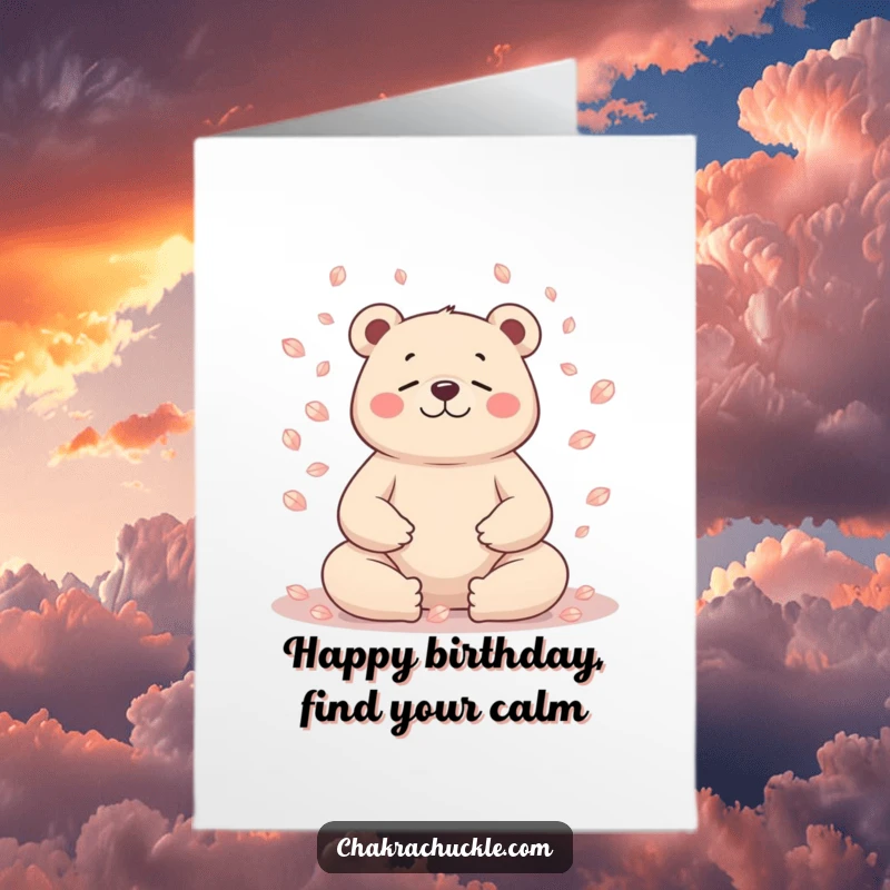 Funny Free Printable Birthday card: A serene bear meditates peacefully with falling flower petals.
