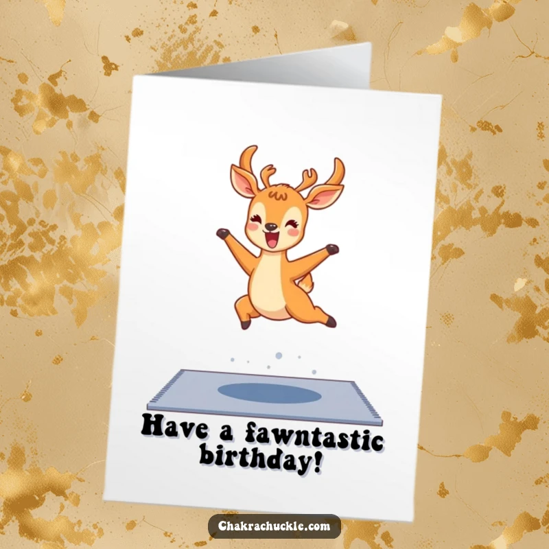 Funny Free Printable Birthday Card: Delighted kawaii deer joyfully leaps over a yoga mat, a birthday surprise.