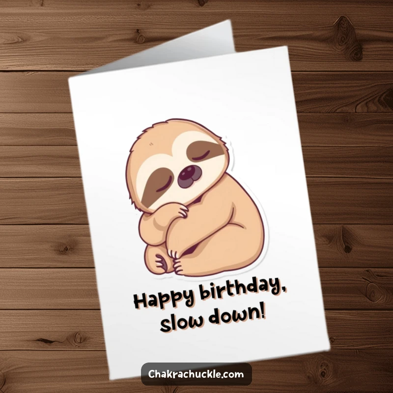 Funny Free Printable Birthday Card featuring a sleepy sloth in a deep forward fold, delivering birthday wishes.