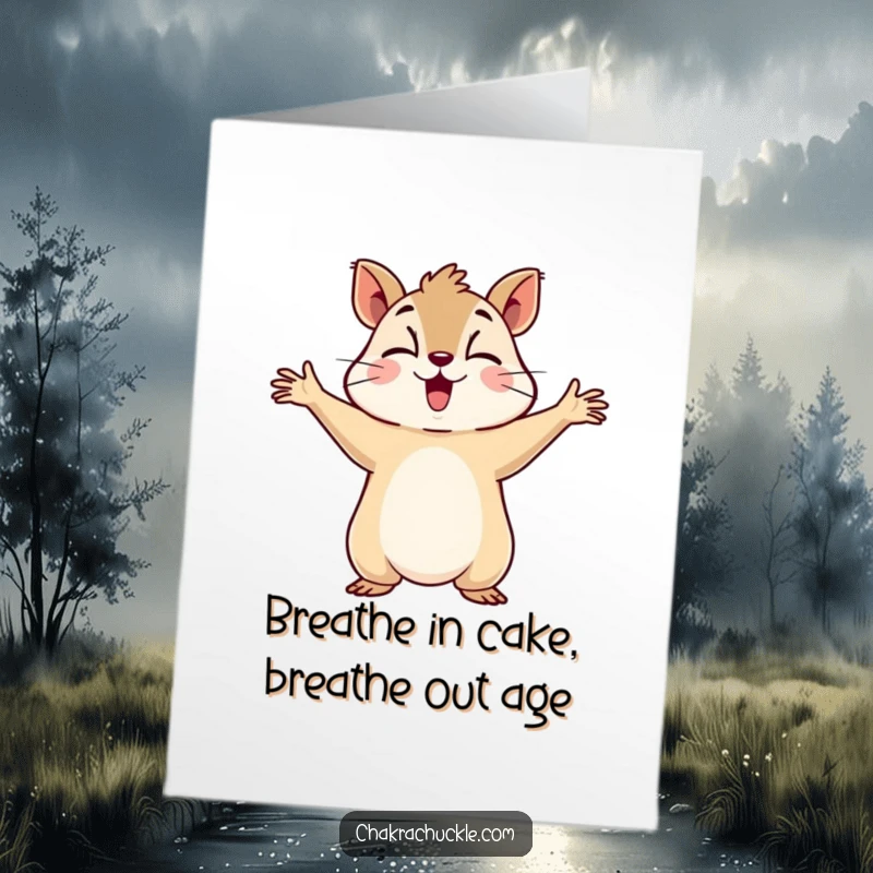 Funny Free Printable Birthday Card: Determined squirrel with arms out, taking a deep, humorous breath for a birthday.