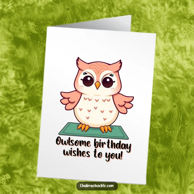 Funny Free Printable Birthday Card: Giggling owl floating in meditation, eyes twinkling, ready to deliver laughs.