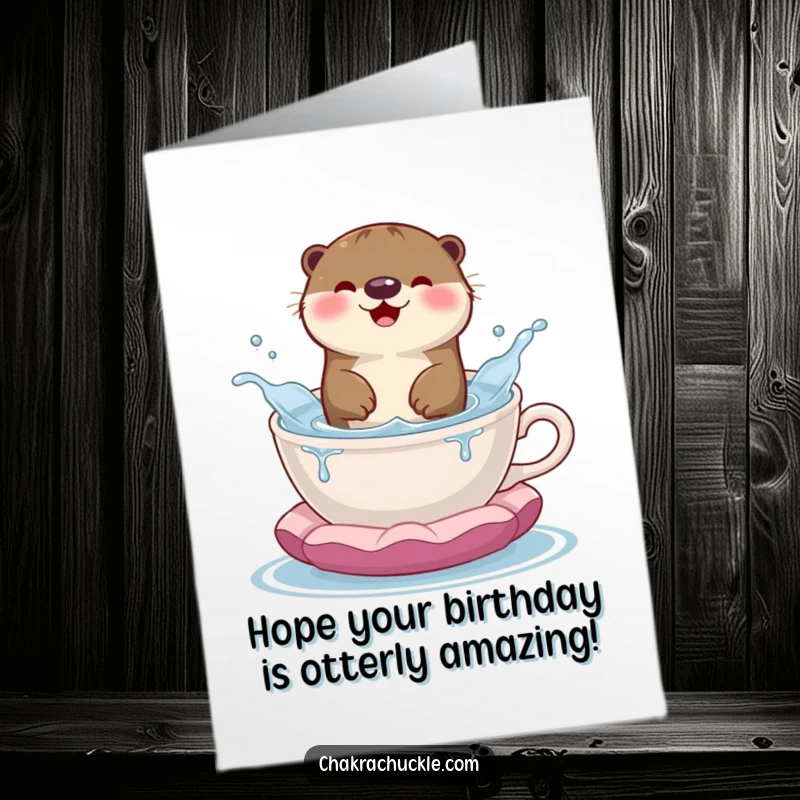 Funny Free Printable Birthday Card: Happy otter joyfully splashing in a teacup-shaped meditation cushion.