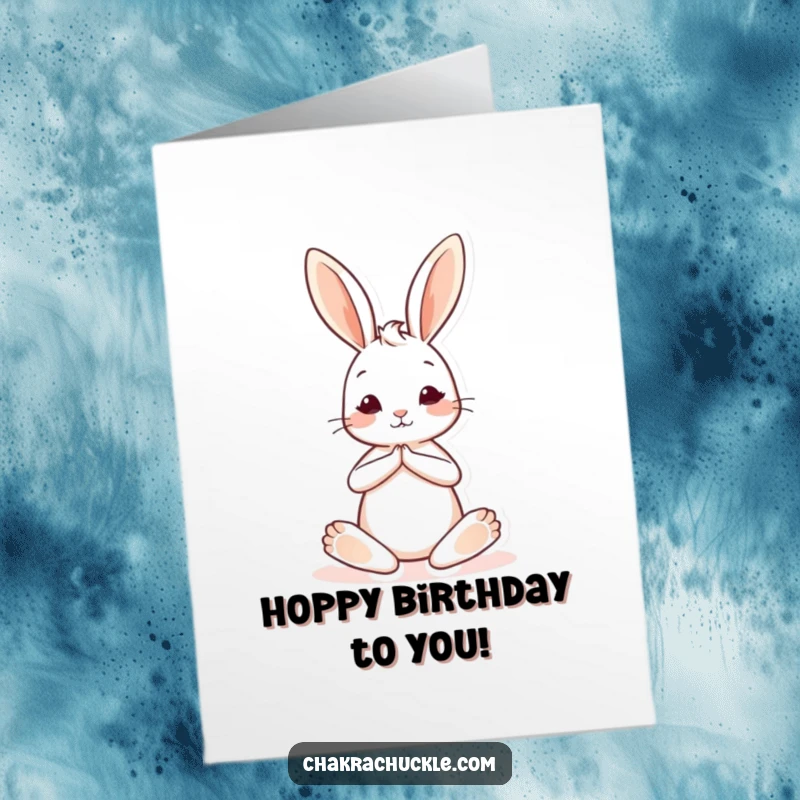 Funny Free Printable Birthday Card featuring a cute bunny in a graceful seated yoga pose with one leg extended elegantly.