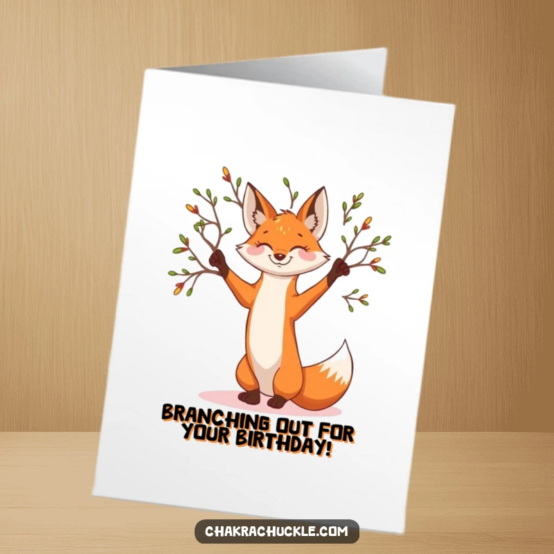 Funny Free Printable birthday card showcasing a smiling fox in a graceful tree pose with outstretched branches.