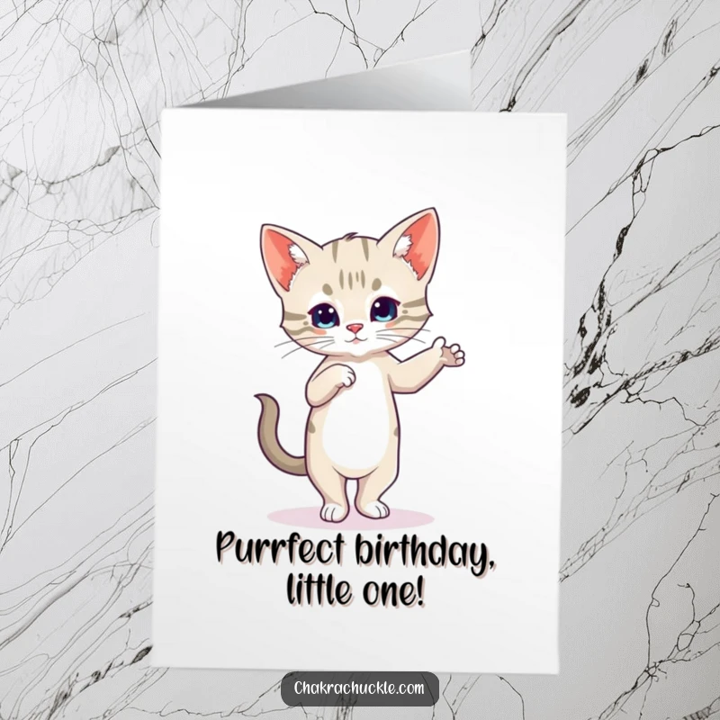 Funny Free Printable Birthday Card: A wobbly kitten attempting a tree pose with intense concentration, offering birthday wishes.