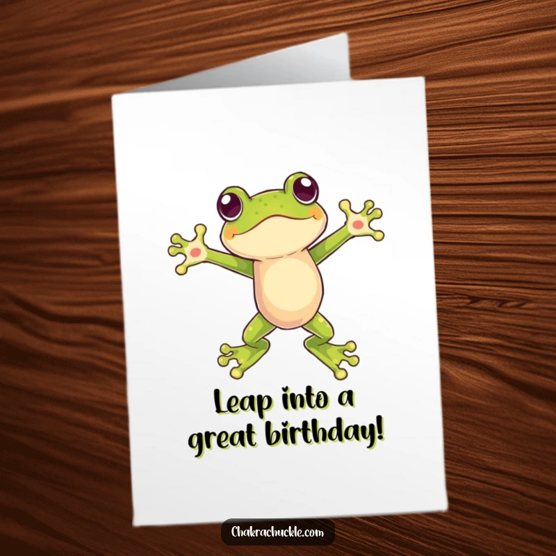Funny Free Printable Birthday Card showing a frog leaping dynamically with open arms, ready to croak happy birthday wishes.