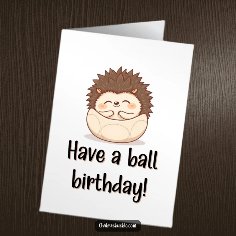 Funny Free Printable Birthday Card: A smiling hedgehog peacefully rolled into a tiny meditation ball, sending birthday cheer.
