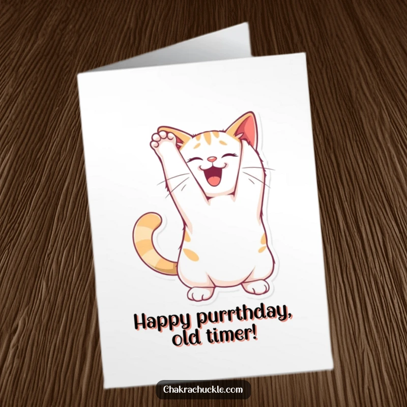 Funny Free Printable Birthday Card: A joyful cat stretching its back in a playful, elegant arch pose.