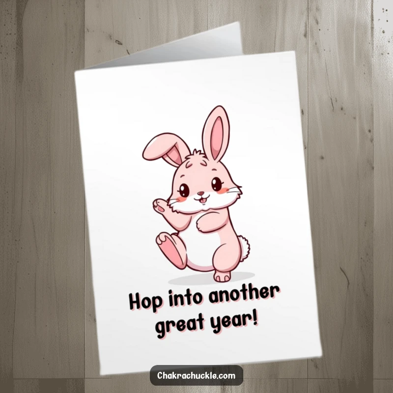 Funny Free Printable birthday card featuring a fluffy pink bunny in a challenging pretzel yoga pose, leg high.