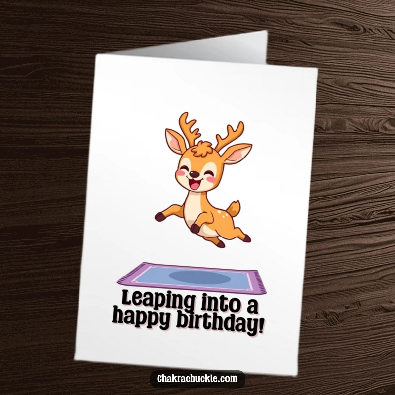 Funny Free Printable Birthday Card: Delighted kawaii deer joyfully leaping over a yoga mat, full of birthday excitement.