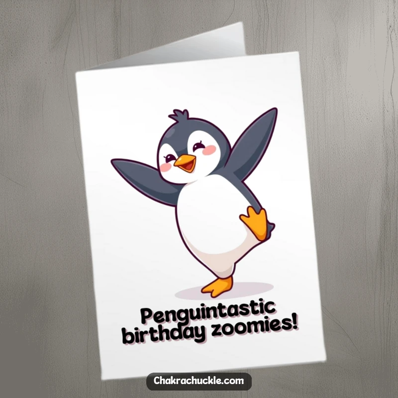 Funny Free Printable Birthday Card: A bouncing kawaii penguin energetically holds a yoga balance pose.