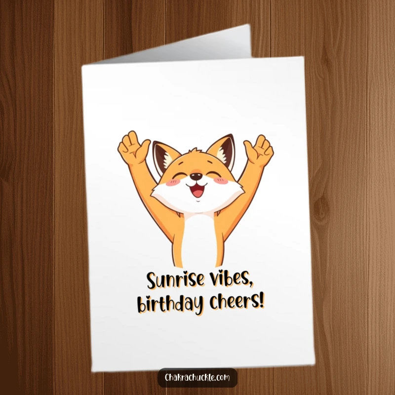 Funny Free Printable Birthday Card featuring a smiling fox stretching joyfully towards the sky, ready to celebrate.