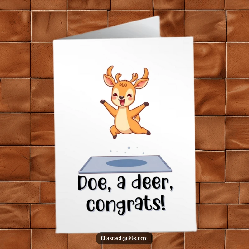 Funny Free Printable Congrats Card: Delighted kawaii deer leaps over a yoga mat, celebrating achievement with glee.