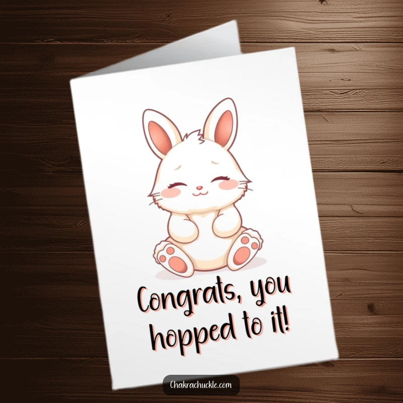 Funny Free Printable Congratulations Card: A fluffy bunny with closed eyes smiling peacefully in lotus.