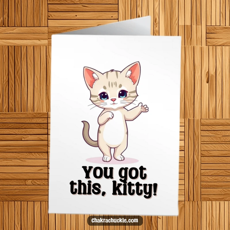 Funny Free Printable Congratulations Card: A wobbly kitten in tree pose, celebrating success with a concentrated wobble.