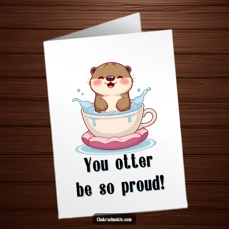 Funny Free Printable Congrats Card: Playful otter having a blast in a teacup meditation cushion.