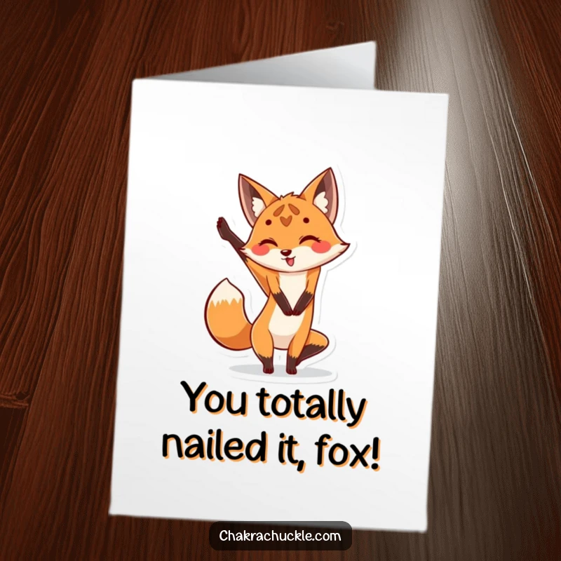 Funny Free Printable Fox Yoga Congratulations Card: Adorable fox stretching leg in yoga pose, celebrating success with a smile, great DIY gift.
