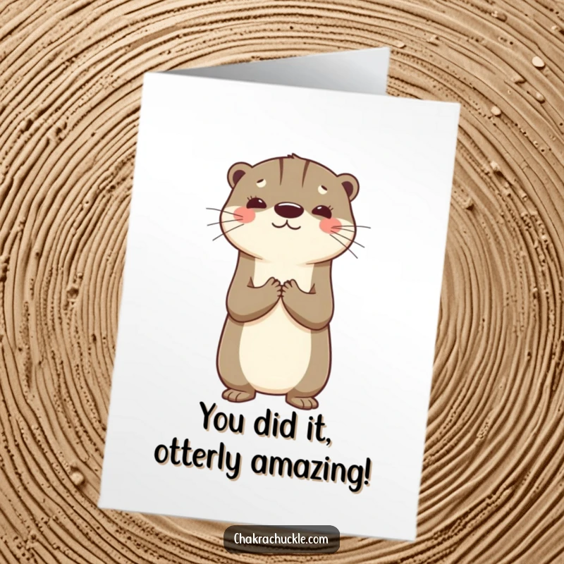 Funny Free Printable Congratulations Card with a grateful otter balancing on its back, arms clasped, celebrating a huge achievement.