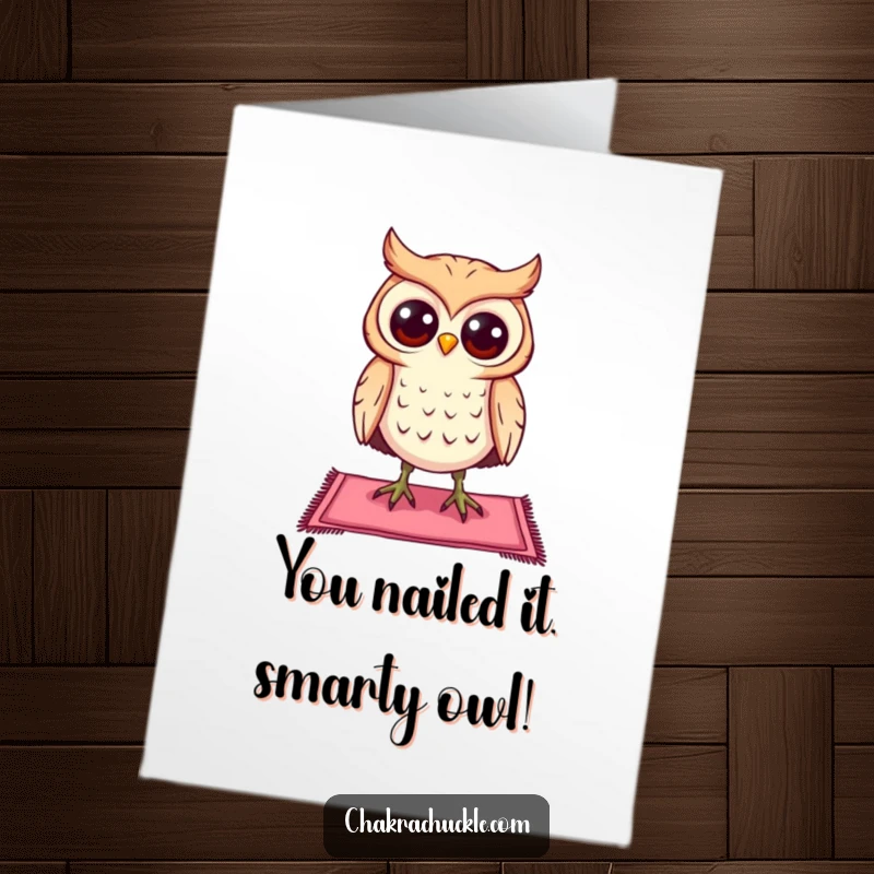 Funny Free Printable Congratulations Card: Curious owl with wide eyes, successfully balancing on a small yoga mat.
