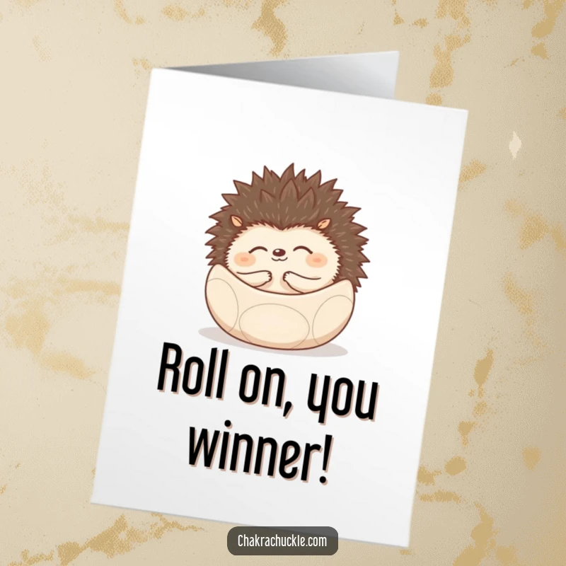 Funny Free Printable Congratulations Card: A smiling hedgehog in a peaceful meditation ball, celebrating a calm achievement.