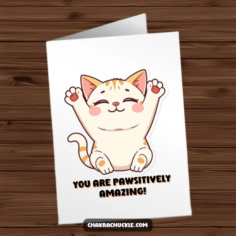 Funny Free Printable Congratulations Card with a happy cat stretching upwards, conveying joyful success.