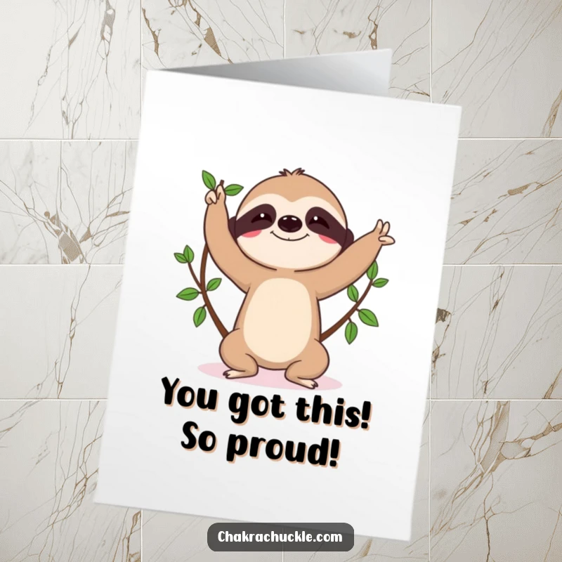 Funny Free Printable Congratulations card: A determined sloth finds balance in a tree pose.