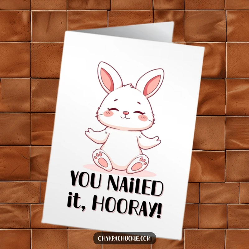 Funny Free Printable Congratulations Card: A tranquil bunny in a yoga pose, eyes closed, radiating calm. Perfect for celebrating peaceful achievements.