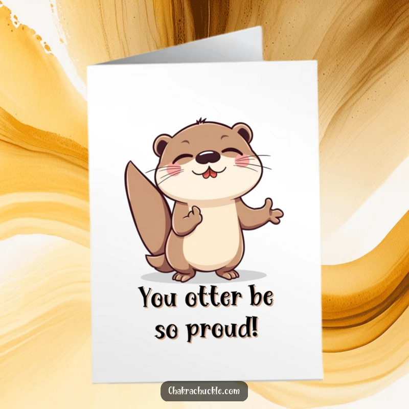 Funny Free Printable Otter Meditation Congratulations Card: Beaming otter lunging, full of energetic joy, celebrating success with a funny, vibrant flair.