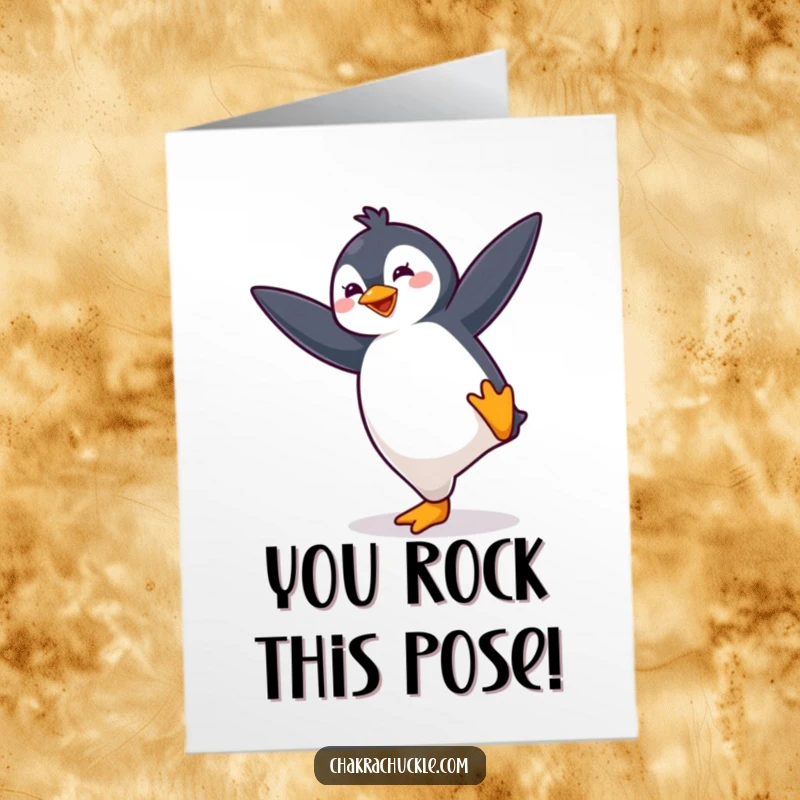 Free Printable Congratulations Card: An energetic kawaii penguin masterfully strikes a yoga balance pose.