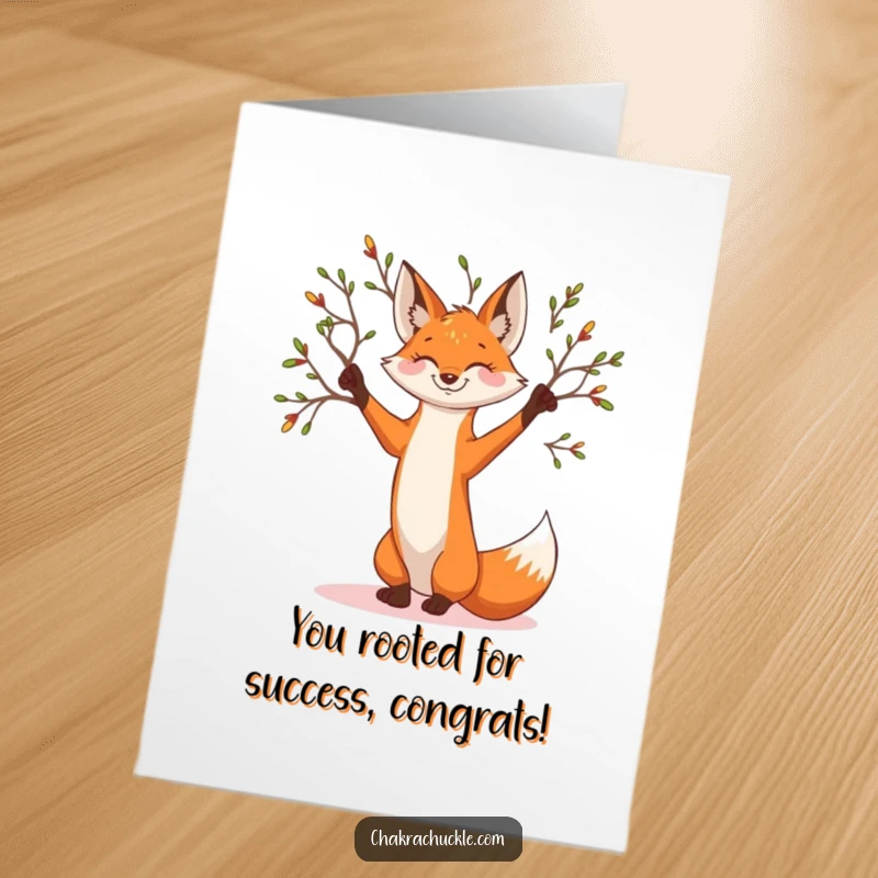 Funny Free Printable congratulations card featuring a smiling fox in a tree pose, branches reaching out.