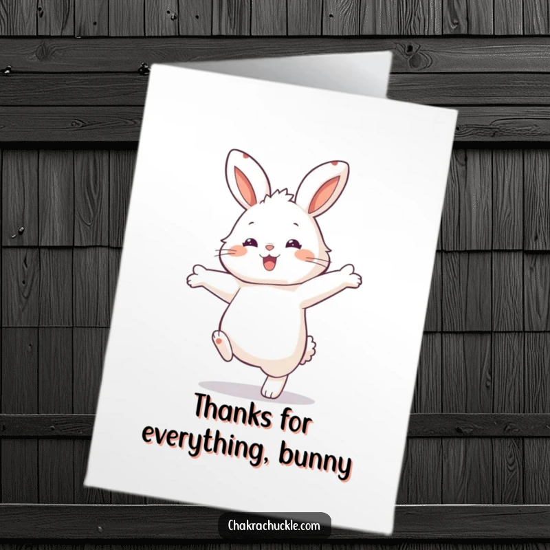 Funny Free Printable Bunny Balance Thank You Card: Cute bunny balancing with flair, arms outstretched, expressing thanks in a charmingly funny way.