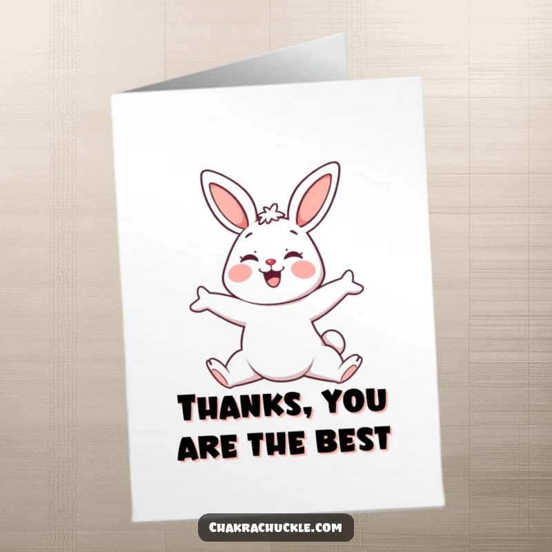 Funny Free Printable Thank You Card: Smiling kawaii bunny in a happy downward-facing dog pose, expressing thanks.