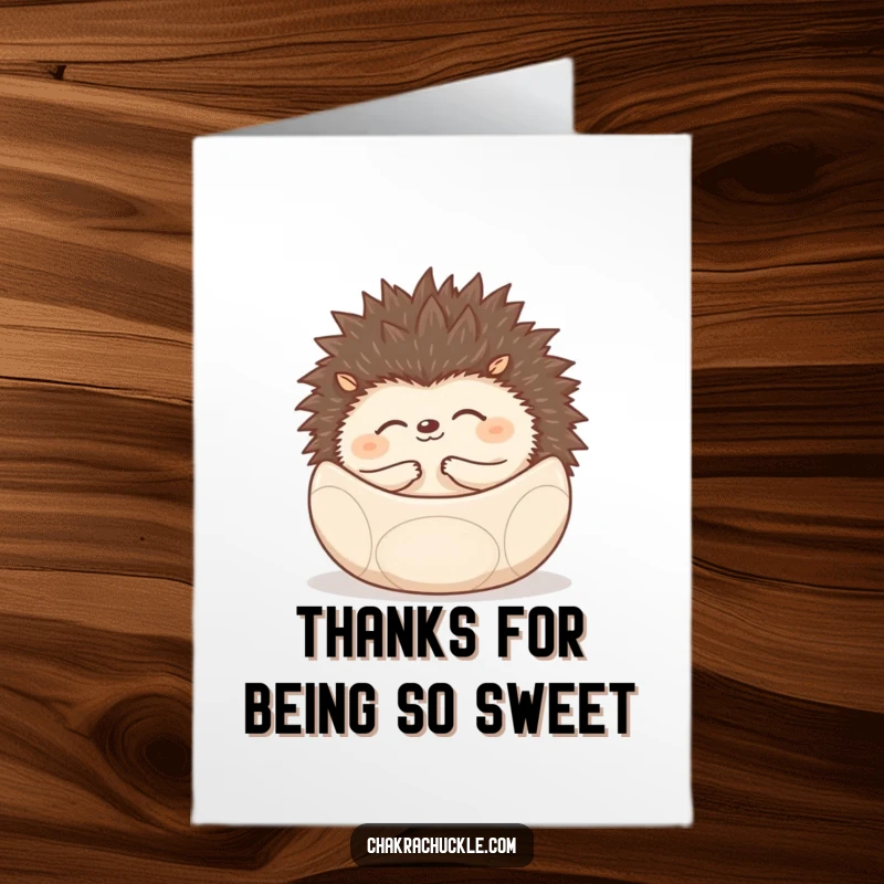 Funny Free Printable Thank You Card: A smiling hedgehog rolled into a peaceful meditation ball, offering thanks.