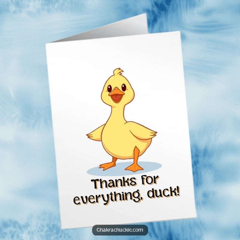 Funny Free Printable Thank You Card: Wobbly duck trying a lotus pose, offering thanks with a side of cute chaos.