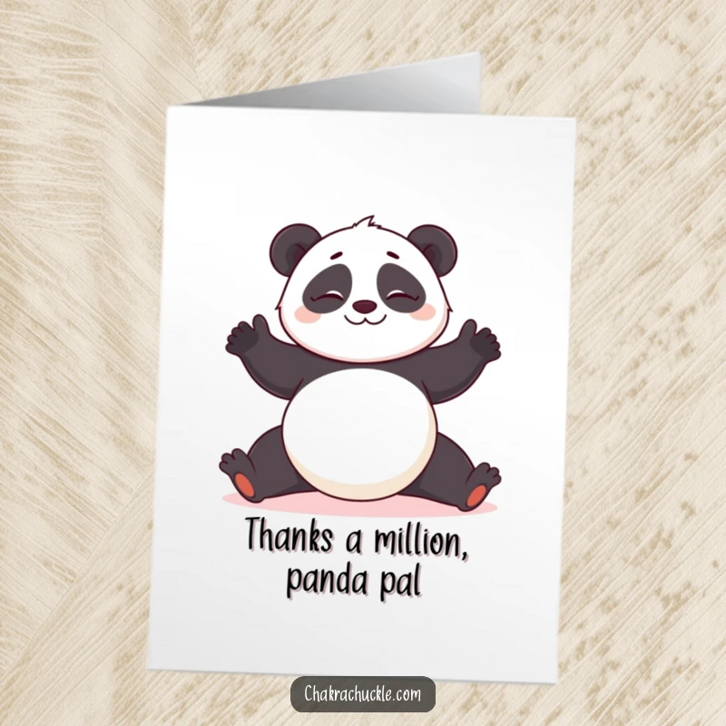 Funny Free Printable Wobbly Panda Yoga Thank You Card: Giggling panda attempting a pose, showing effort with a funny expression, ideal for a humorous thank you.