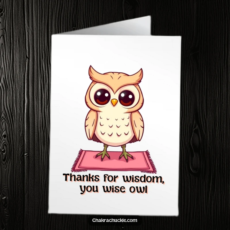 Funny Free Printable Thank You Card: A curious owl maintaining excellent balance on a mini yoga mat, sending thanks.
