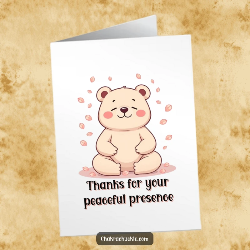 Funny Free Printable Thank You card: A serene bear meditates peacefully, petals gently falling.
