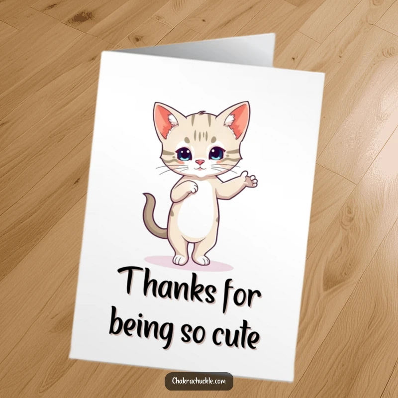 Funny Free Printable Thank You Card: A wobbly kitten concentrating in tree pose, sending thanks with a wobble.