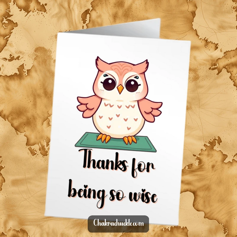 Funny Free Printable Thank You Card: Giggling owl meditating peacefully, offering a humorous way to say thanks.