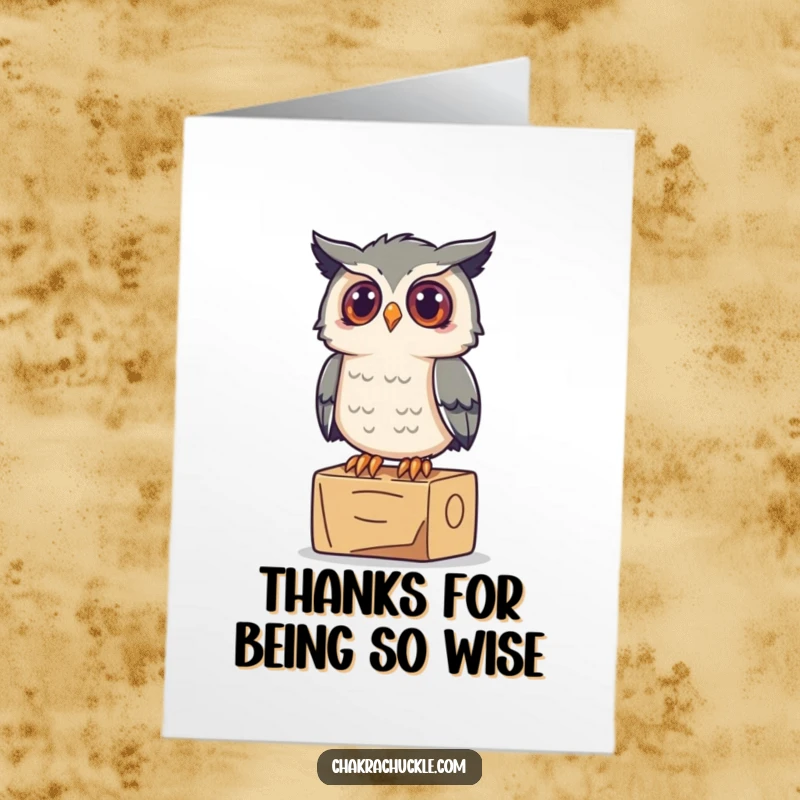 Funny Free Printable Thank You Card of a curious owl on a yoga block, expressing thoughtful gratitude.