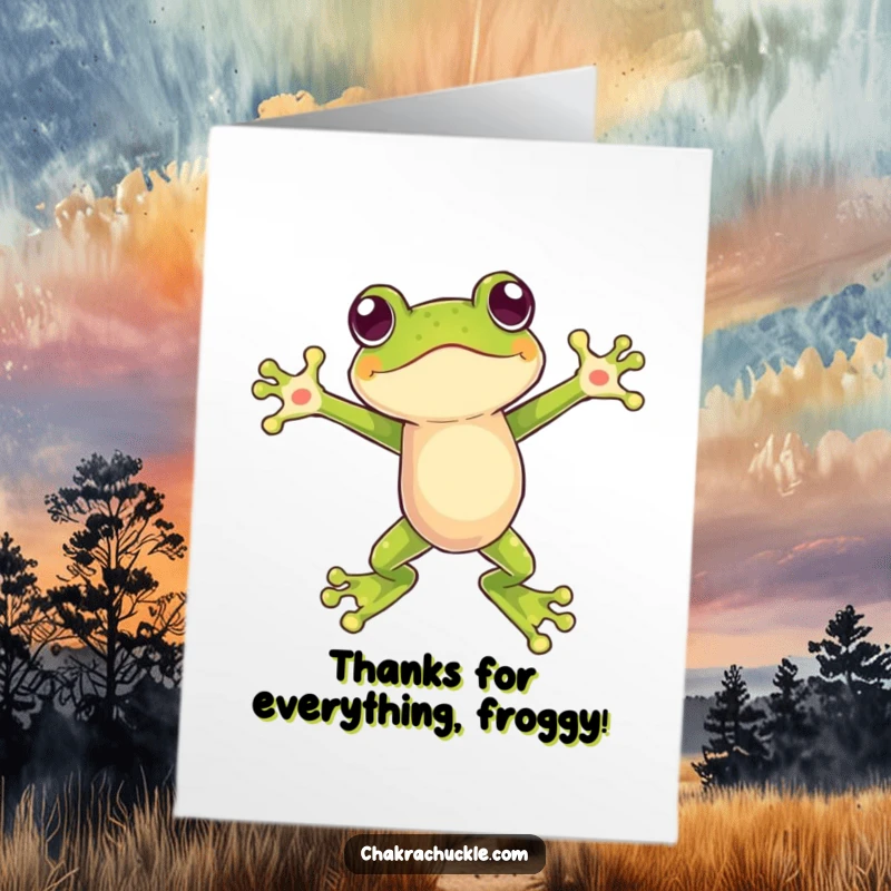 Funny Free Printable Thank You Card with a leaping frog, arms spread wide, expressing thanks with quirky enthusiasm.