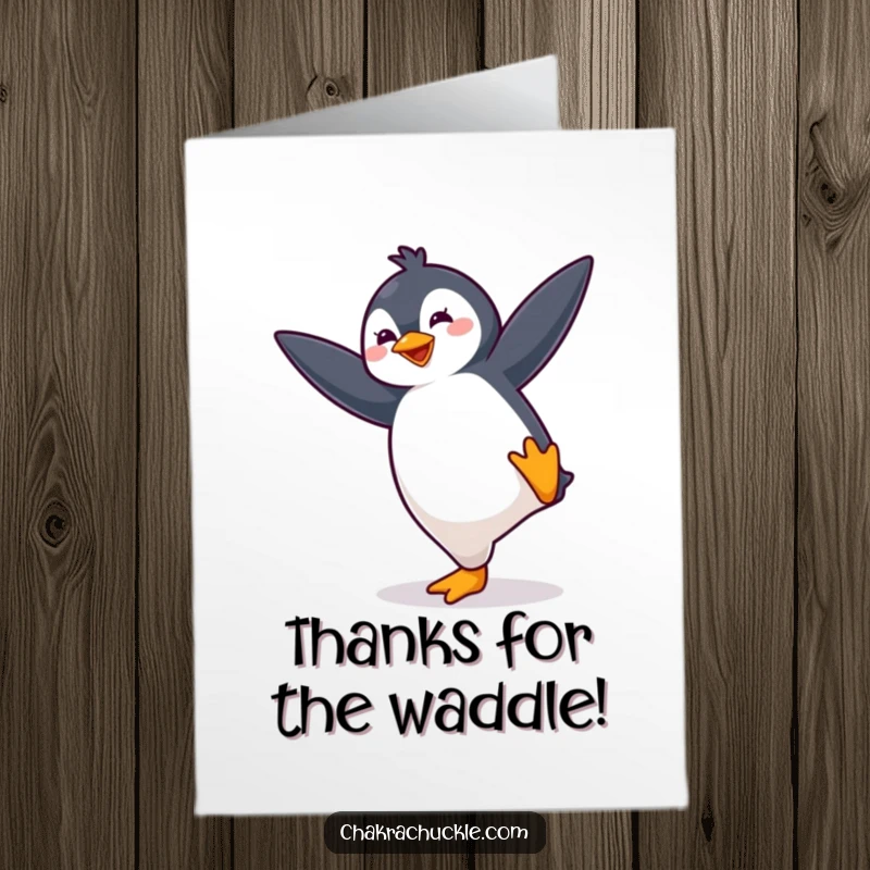 Free Printable Thank You Card: A kawaii penguin energetically holds a yoga pose, showing thanks.