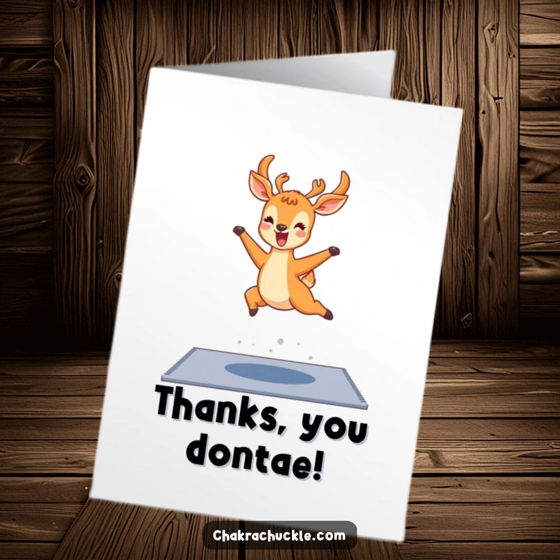 Funny Free Printable Thank You Card: Joyful kawaii deer leaps over a yoga mat, a thank you full of energy.