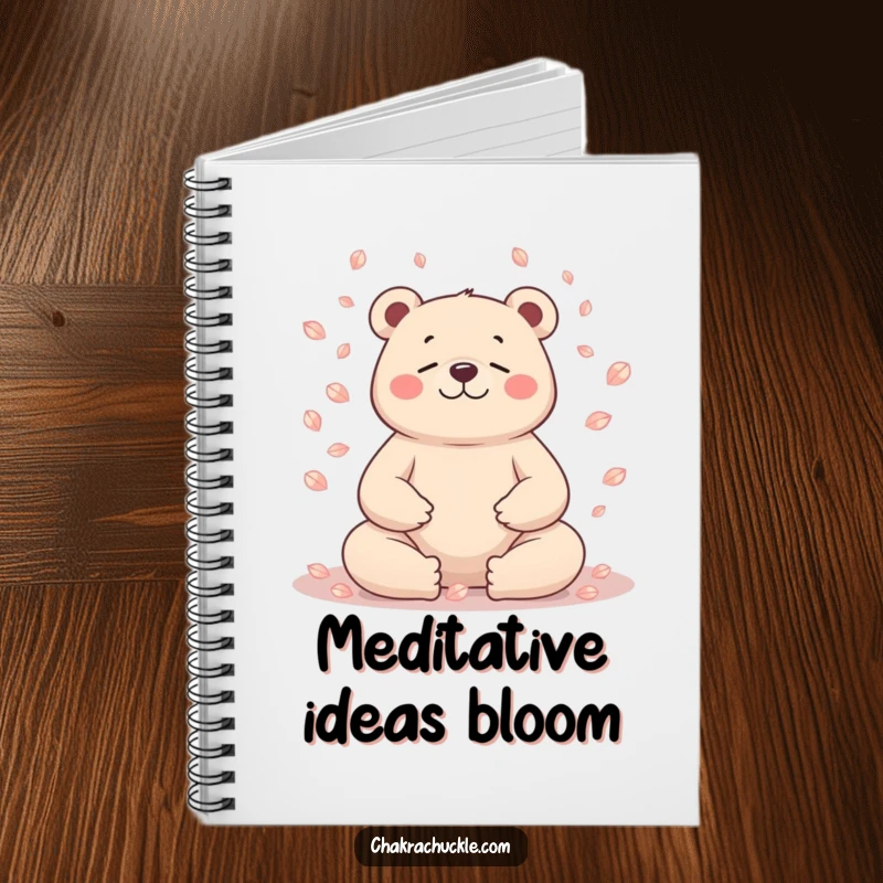 Funny bear notebook, character meditating, petals falling, serene humor, stationery gift.