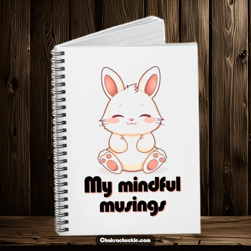 Funny fluffy bunny in a seated lotus pose, eyes closed, peaceful smile, a lined notebook for calm thoughts.