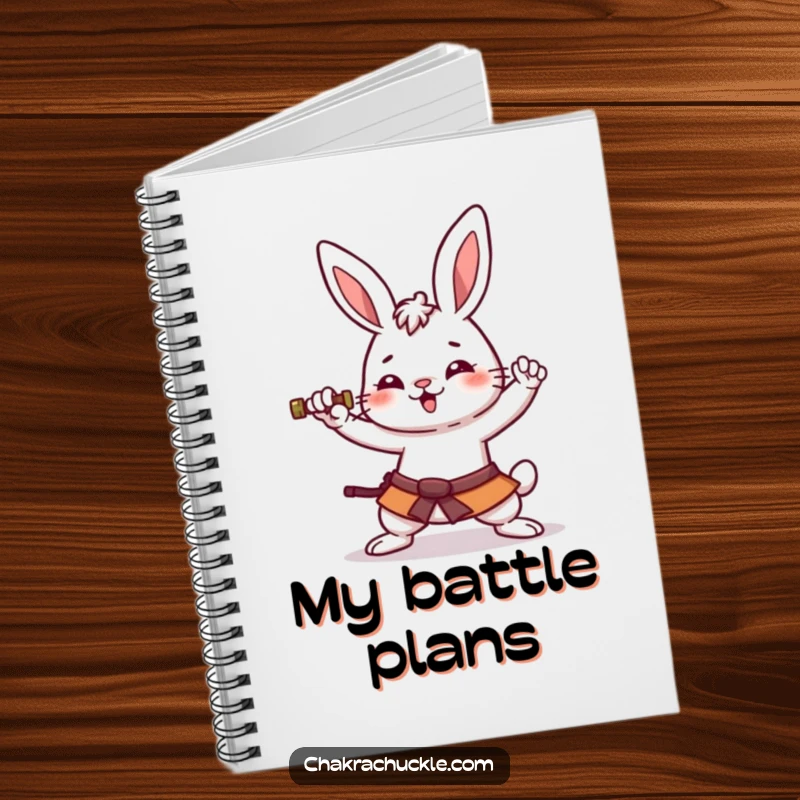 Funny kawaii rabbit notebook featuring an amused bunny attempting a wobbly warrior pose, ready to jot down funny ideas.